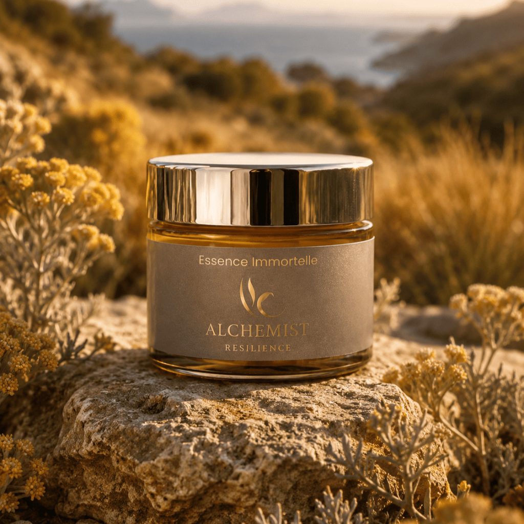Pot Essence Immortelle Alchemist Resilience sur une pierre, entouré d’immortelles