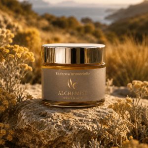 Pot Essence Immortelle Alchemist Resilience sur une pierre, entouré d’immortelles