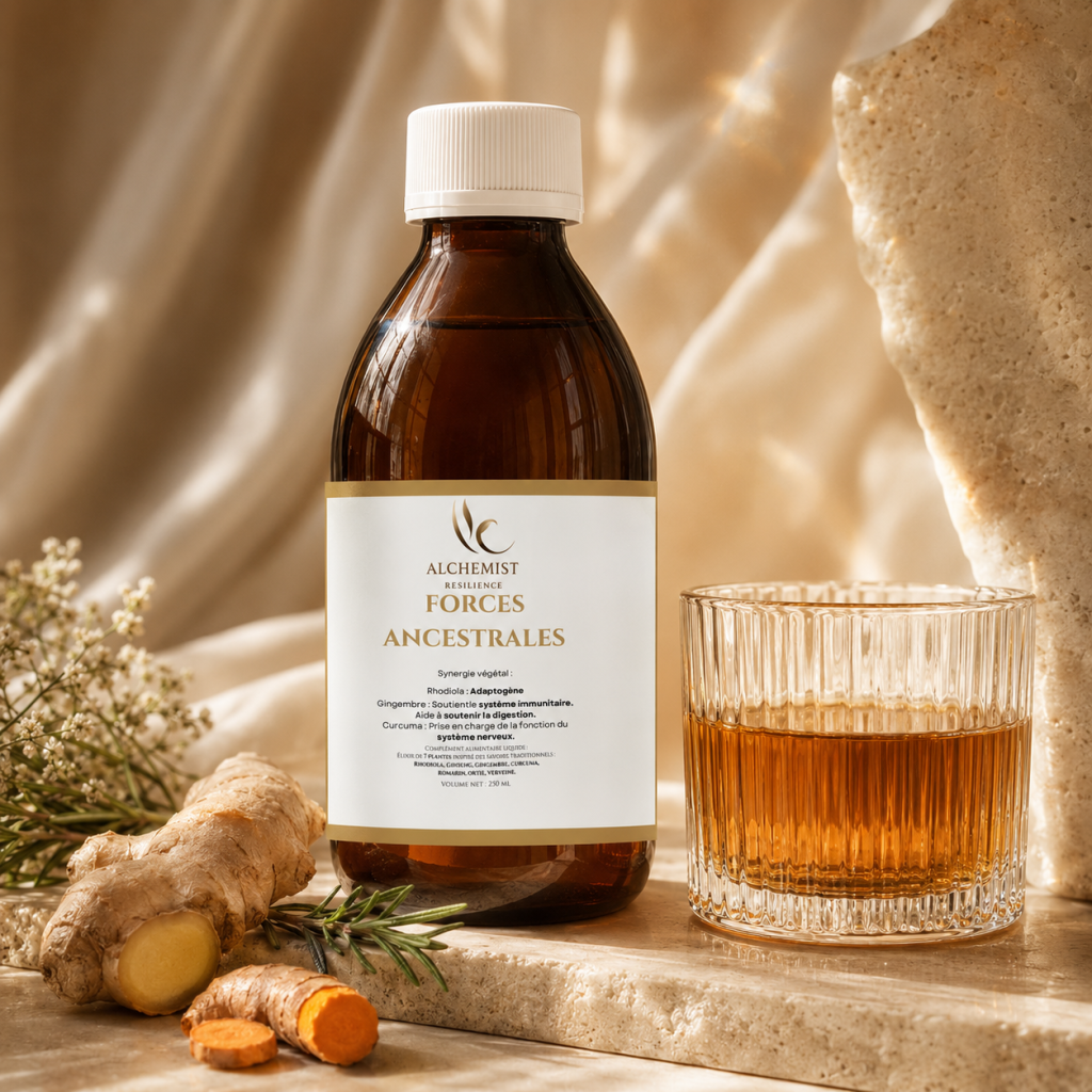Flacon Forces Ancestrales Alchemist Resilience avec un verre et des plantes